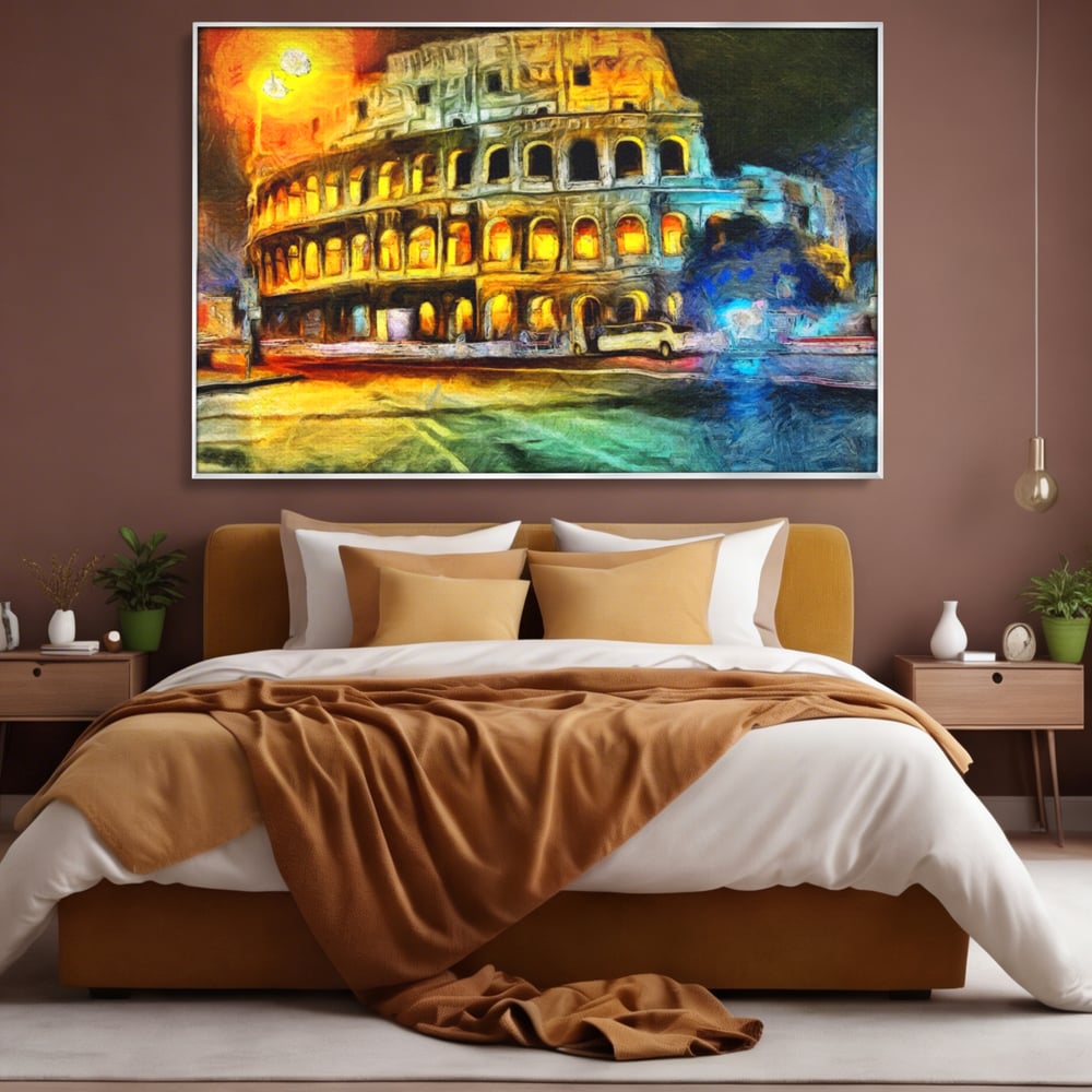 Tablou canvas cu pictura digitala cu colosseumul din roma noaptea, in rama de aluminiu argintiu, pe perete intr-un dormitor
